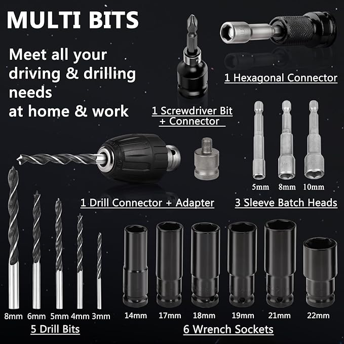 Cordless Impact Wrench, 1/2" 18V 1500Nm 4 in 1 Brushless Power Drill Driver Screwdriver Kit