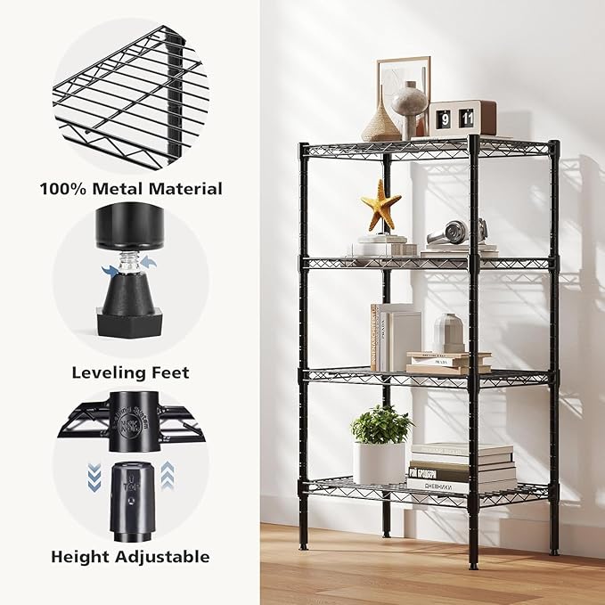 HealSmart 4-Tier Metal Wire Storage Shelves, Adjustable Standing Storage Rack Shelf, Heavy Duty Steel Shelving Unit Organizers for Kitchen Bathroom Pantry Garage, 23.3" W×13.4" D×47" H, Black