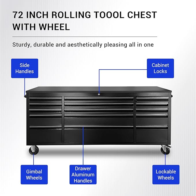 CHETTO C 72 inch Tool Chest Tool Box Mobile 15 Drawers Storage Rolling Cabinet with Wheels Lock Key Locking System Drawer Liners for Garage Warehouse Repair Shop Black