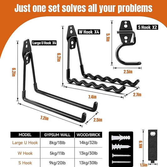 12 Pack Garage Hooks, 2 Extension Cord Storage Straps, Steel Utility Wall Mount Storage Organizer with Anti-Slip Coating for Hanging Ladders, Bikes, Garden Tools, Hose