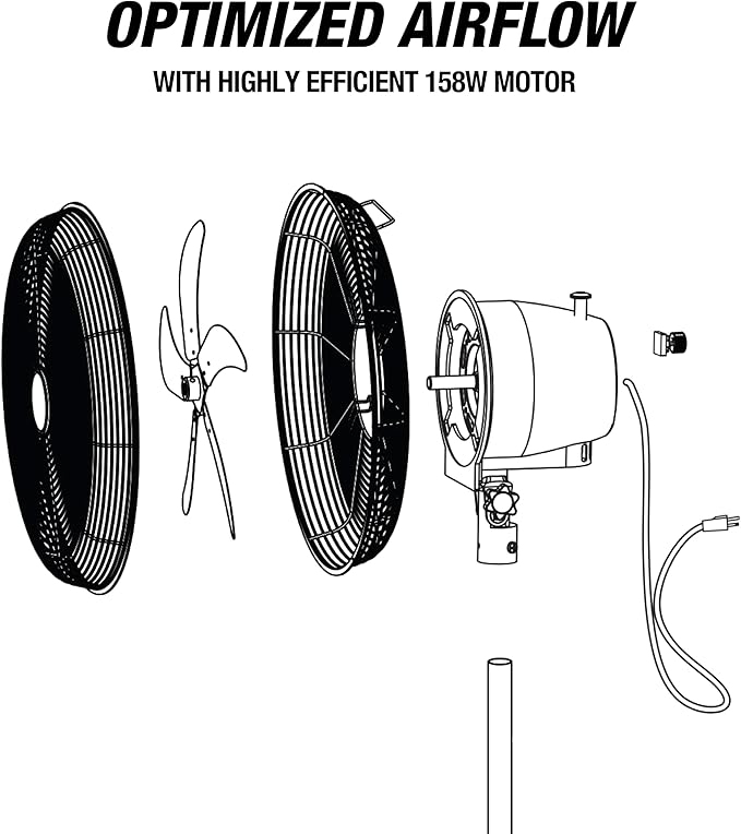 OEMTOOLS OEM24871 20" Oscillating Pedestal Fan, Adjustable Height for Garage, Shop, Gym, Warehouse 4500 CFM Airflow, 3-Speed Enclosed Motor, 5 Aluminum Blades, Dust-Resistant Industrial Purpose