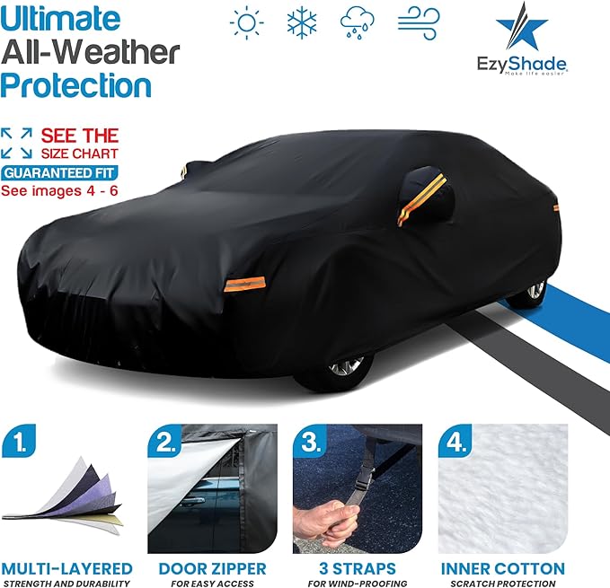 EzyShade 10-Layer Car Cover Waterproof All Weather [See Vehicle Size Chart for Accurate Fit] Car Covers for Automobiles - Full Exterior Covers - Rain Sun Wind Snow. Black, Size A4 (See SizeChart)