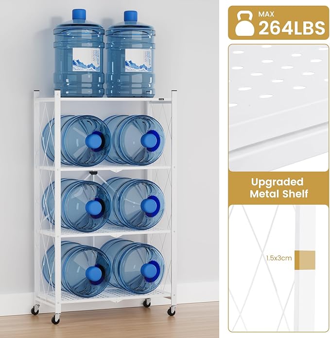 ALANNG Heavy Duty 4-Tier Folding Shelf with Wheels, No Tools Assembly Metal Storage Rack Cart, 264LBS Capacity for Kitchen, Pantry, Laundry Room, Garage, (White, 1PACK)