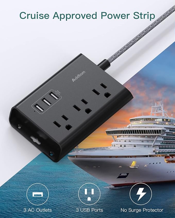 Addtam Power Strip ETL Certificate Flat Plug Extension Cord with 3 USB Ports, 5 Feet Braided Cord, Desktop Small Travel Power Strip for Cruise Ship, Home, Office Black