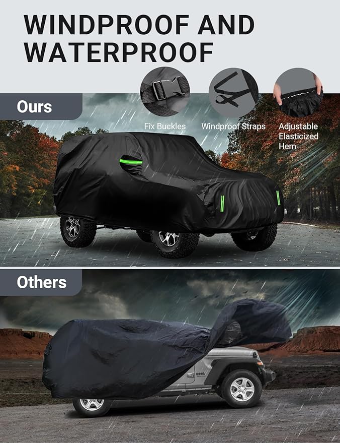 Proadsy 6 Layers Car Cover Custom Fit for Jeep Wrangler 4 Door JK JL YJ TJ 2006-2024 2025 2026 Windproof All Weather Waterproof Sun Rain UV Dust Snow Protection Outdoor Covers