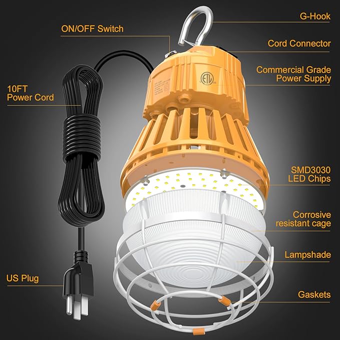60W/48W/36W Construction LED Work Light 7800LM 5000K Daylight Linkable Portable Jobsite Light for Garage Bench Shop, Hanging Large Area Work Light Input 100~277VAC, Plug in Temp