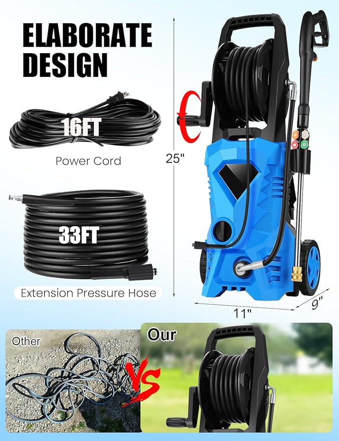 5000PSI Electric Pressure Washer - 2025 New Power Washer with Upgraded 33ft Pressure Washer Hose Reel, Foam Cannon, 4 Nozzle Set, Power Washer for House/Patios/Car/Fence, Blue