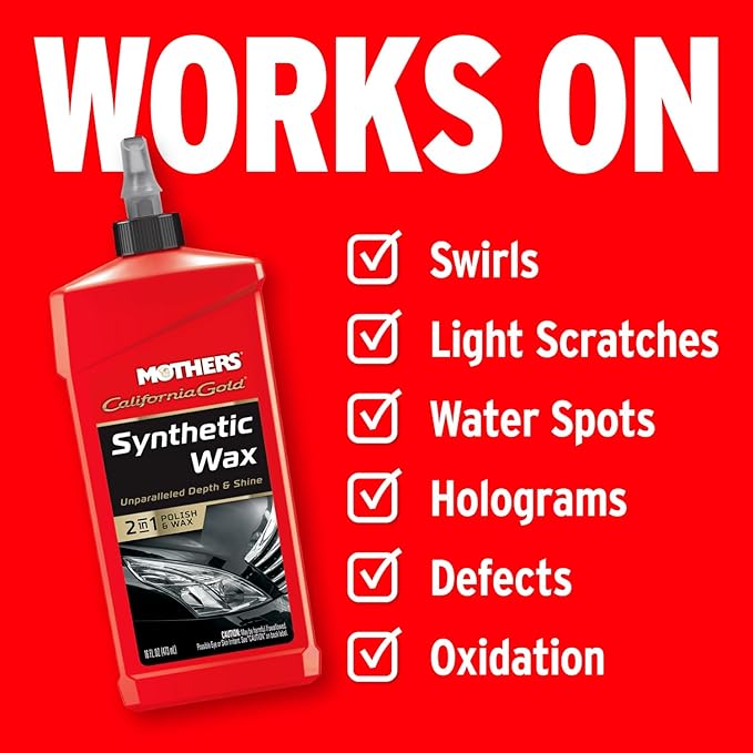 Mothers California Gold Synthetic Wax, 16 oz. — Long-Lasting Protection with Micro-Encapsulated Polymers, Polishes, Enhances Depth, Gloss & Shine, Easy-to-apply 2 in 1 Polish & Wax Formula (05716)