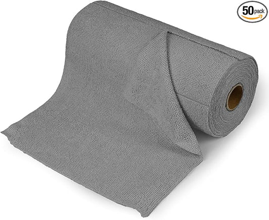 wuyaoyao 50PCS Microfiber Cleaning Cloth Roll, 10"×10" Tear Away Microfiber Towels, Reusable Washable Cloth Paper Towels, Multi-Purpose Cleaning Rags for Car Home Kitchen Garage Shop (Gray)