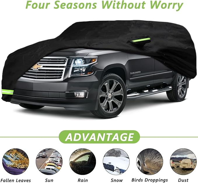 YIXIN Waterproof Car Cover for 2007-2026 Chevy Suburban/GMC Yukon XL/Cadillac Escalade ESV Car Cover Custom Fit 100% Waterproof Windproof Strap & Single Door Zipper Up to 226” L (Black)