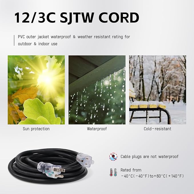 EP 10 Ft Outdoor Extension Cord, 12/3 SJTW Heavy Duty Waterproof Power Cable, 3 Prong Grounded Plug, Lighted End, for Lawn, Garden, Appliances, Black