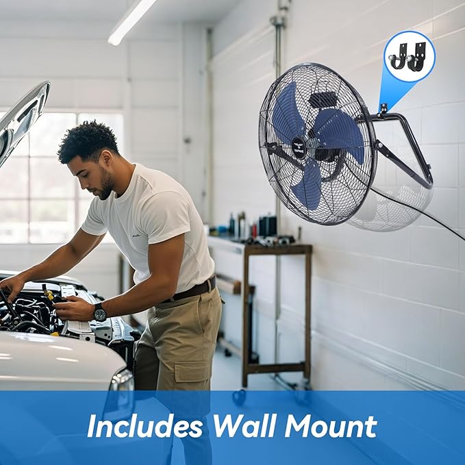 TEMPWARE 20 Inch High Velocity Industrial Floor Fan, 3-Speed Heavy Duty Metal Cradle Floor Fans with 360° Tilt for Warehouse, Workshop, Garage, Factory and Basement, Black & Blue