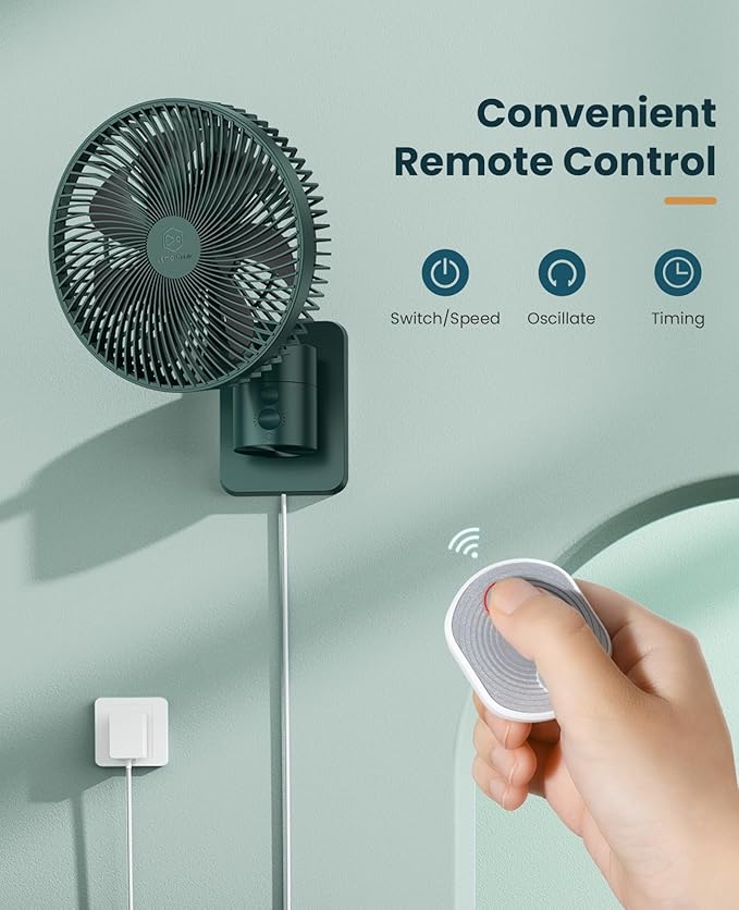 LEMOISTAR 8 Inch Small Wall Mounted Fan with Remote Control, 90° Oscillating, 4 Speeds High Velocity, Timer, Adjustable Tilt, 70 Inch Cord, Quiet, for RV Bedroom Home Office Garage-Green&Black