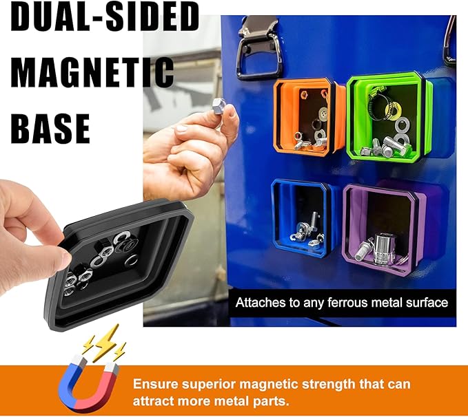 Collapsible Magnetic Parts Tray, 4.5 Inch Foldable Magnetic Square Silicone Tray, Tool Tray Set with Double-Sided Magnetic Base for Screw Bolts Nuts Pins, Car Accessories (Black+Purple, 2PCS)