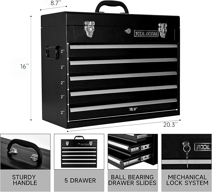 Metal Tool Box with 5 Drawers Portable Steel Tool Chest with Metal Cylinder Lock and Latch Closure, liner, Black and Red two color Powder coating, suitable for Garage, Warehouse and Outdoor Repair job