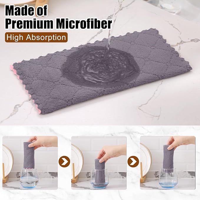 Mordimy 18 Pack Kitchen Cloths Dish Towels (10" x 10", Grey & Pink), Super Soft and Absorbent Dish Cloths, Coral Velvet Microfiber Cleaning Cloth, Nonstick Oil Fast Dry Dishcloths