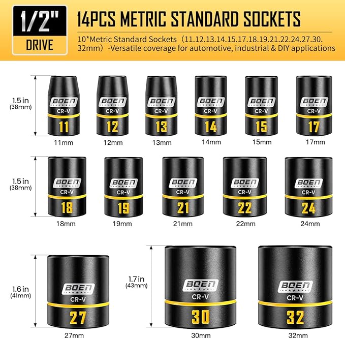 BOEN 14-Piece 1/2" Drive Shallow Impact Socket Set, Metric (11mm-32mm), 6-Point with Yellow Embossed Marking