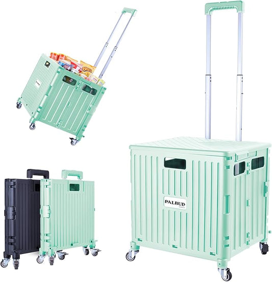 Folding Utility Cart Portable Rolling Crate Handcart Shopping Trolley Collapsible Tool Box, with Lid, Basket on 4 Rotate Wheels, for Grocery, Garden, Office, Storage, Teacher, Tool (Green)
