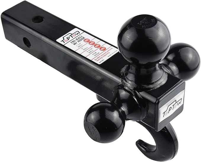 TOPTOW 64181HL Trailer Receiver Hitch Triple Ball Mount with Hook, Black Balls, with Black Dogbone Trailer Hitch Lock, Fits for 2 inch Receiver