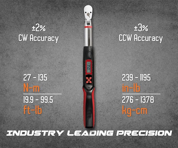 Tapha Tools 3/8 inch Flex-Head Digital Torque Wrench, 5-99.5 ft-lbs (6.8-135 N-m) Torque Range ±2% Accuracy, LED and Buzzer, Preset Memory, ISO 6789 Tested and Calibrated (DKF3N-T135BN)