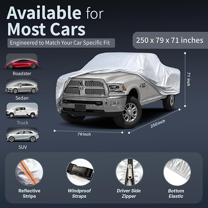 Car Cover Waterproof All-Weather,Heavy-Duty Outdoor Full Exterior Automobiles Snow Cover for Truck 243-250 inch,with Sun Visor,Anti-Scratch Cotton Lining & Zippered,Towel&Storage Bag