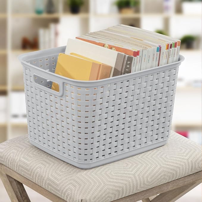 Sterilite 12-Pack Tall Weave Basket, Wicker-Style Plastic Open Storage Bin, Cement Gray - Multi-Purpose Decorative Organizer for Laundry Area, Shelves, Closets, Pantries, Living Rooms or Offices