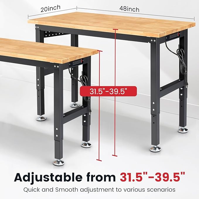 ENJOYWOOD Workbench with Pegboard 48 Inch Work Bench for Garage Adjustable Height Rubberwood Tabletop Garage Workbench with Power Outlet for Woodworking, Home, Office, Workshop
