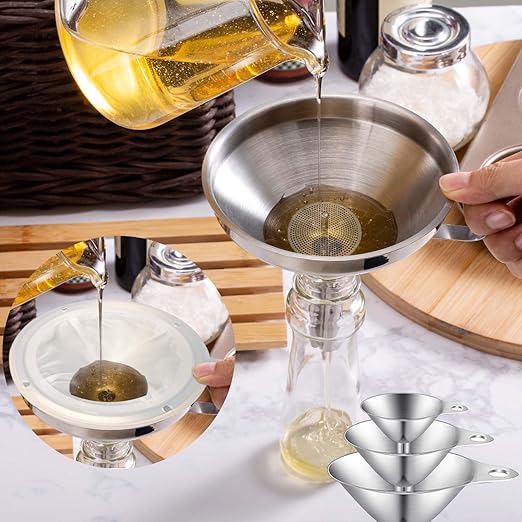Toncoo 4 Pack Stainless Steel Funnels for Kitchen Use, Food Grade Cooking Funnel with 2 Strainer, Kitchen Funnel Set Metal Funnels for Filling Bottles