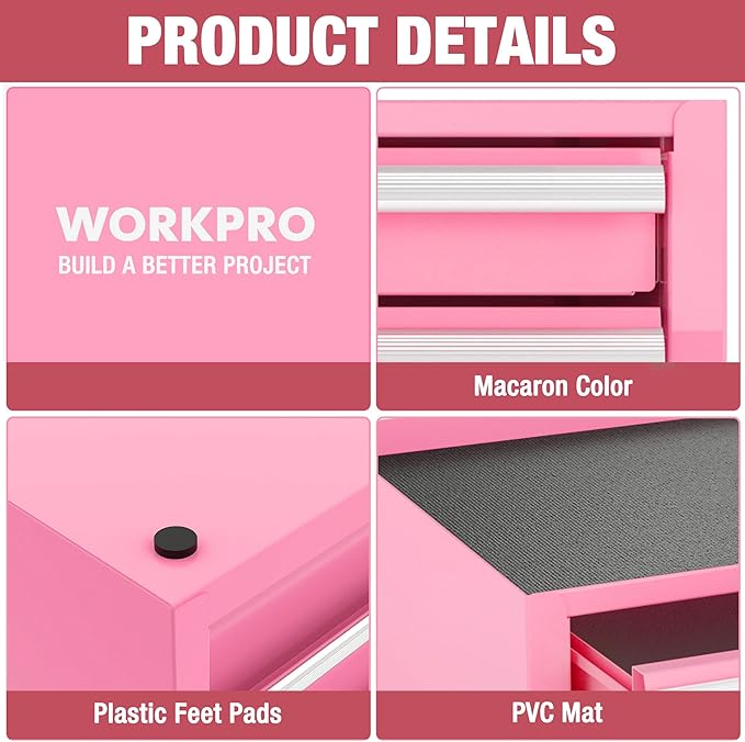 WORKPRO 12.5" Mini Tool Box with 2 Drawers & 1 Open Top Storage, Small Metal Tool Chest with PVC Liners & PP Feet Pads, Cold Rolled Steel Toolbox with Drawer Liners & Magnetic Tabs - Pink Ribbon