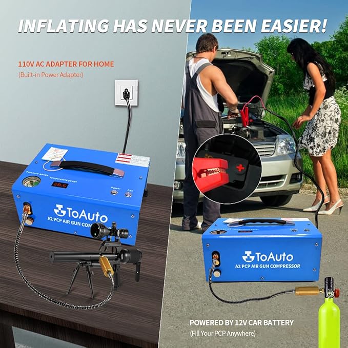 TOAUTO A2 PCP Air Compressor, Auto-Stop, Portable 4500Psi/30Mpa, Oil/Water-Free, 8MM Quick-Connector HPA Compressor for Paintball/PCP Air Rifle/Scuba Tank, Powered by Home 110V AC or 12V Car DC（Blue）