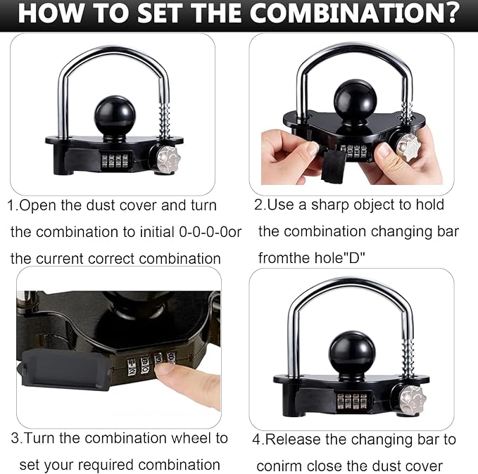 Yellow Trailer Hitch Lock with Combination Lock, fit 1-7/8", 2", 2-5/16" Coupler, Camper Accessories, for Trailer Truck RV SUV Boat (Black)