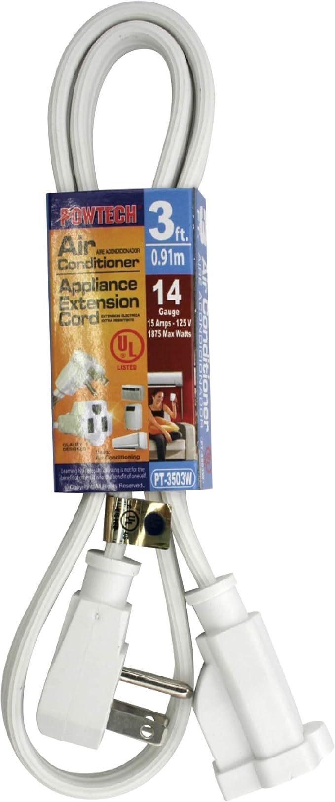 Heavy Duty 3 FT Air Conditioner and Major Appliance Extension Cord UL Listed 14 Gauge, 125V, 15 Amps, 1875 Watts Grounded 3-PRONGED Cord