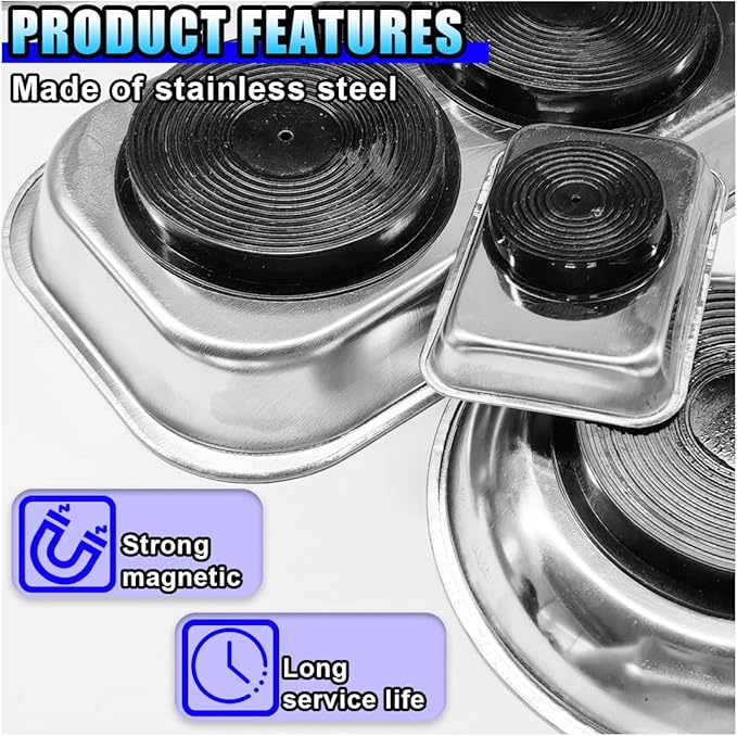 3PCS Magnetic Tray Holder, Stainless Steel Extra Strong Magnetic Bowl Parts Tray Set for Screws, Nuts, Bolts, Sockets, Pins – Mechanic Tool Metal Parts Organizer for Automotive Repair(Round&Rectangle)