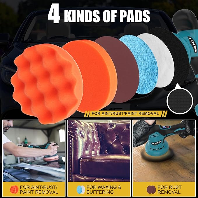 Cordless Car Buffer Polisher, 6 In Mini Buffer Polisher Kit with 2 Pack 21V Rechargeable Batteries,8 Variable Speed 5500RPM Orbital Polisher for Car Boat Detailing, Polishing,Scratch Removing
