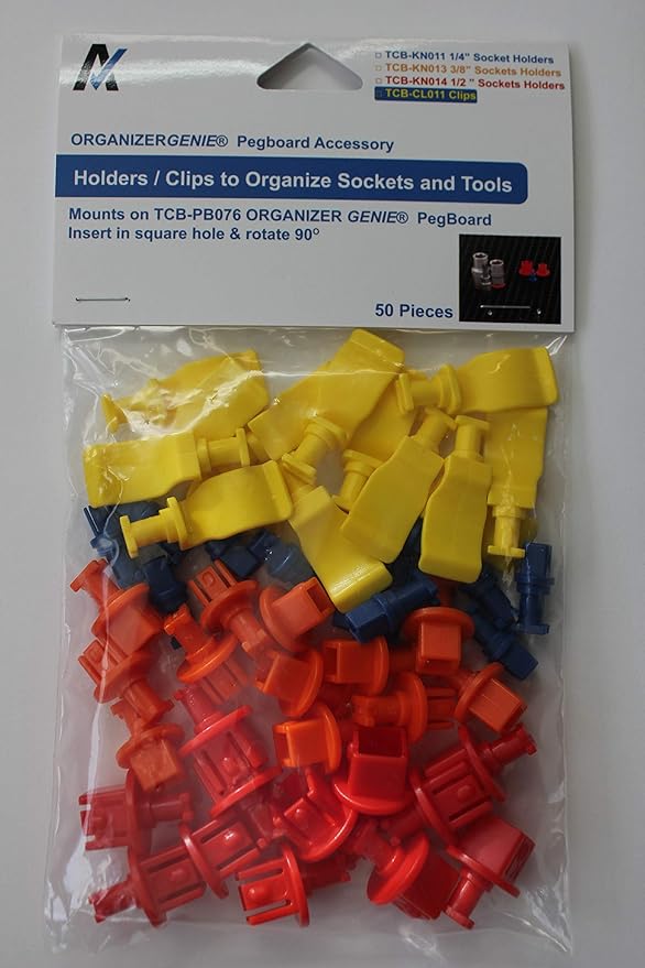 Universal Clips & Socket Holders (50 pcs) - Accessories for Organizer Genie Pegboards to Organize Tools, Mix Pack of Universal Clips and Assorted Socket Holders