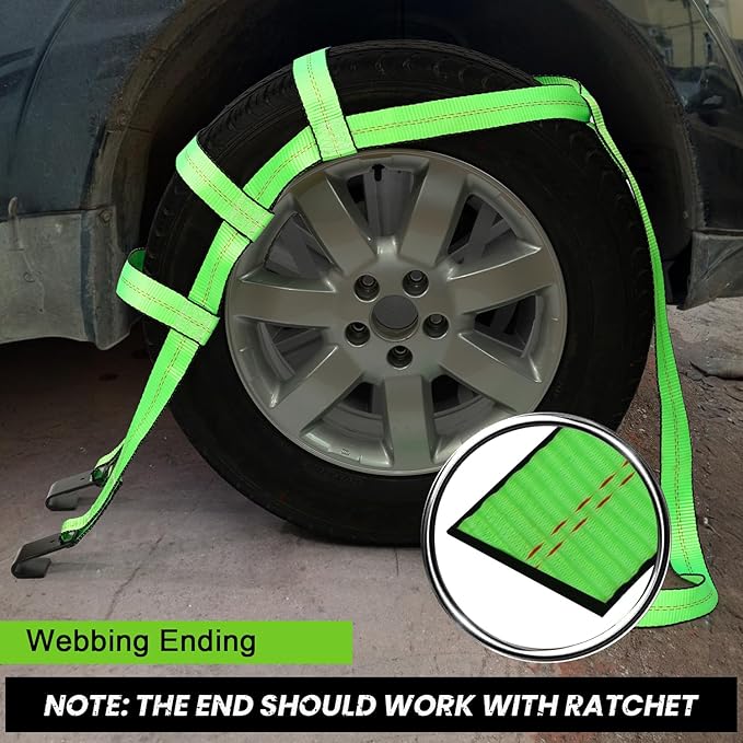 Tow Dolly Basket Straps with Flat Hook, 2 Pack Tow Dolly Strap Bonnet Net Fits 14"-19" Tires Wheels, 10,000 lbs Breaking Strength Heavy Duty Car Dolly Strap System, Waterproof Carrying Bag (Green)