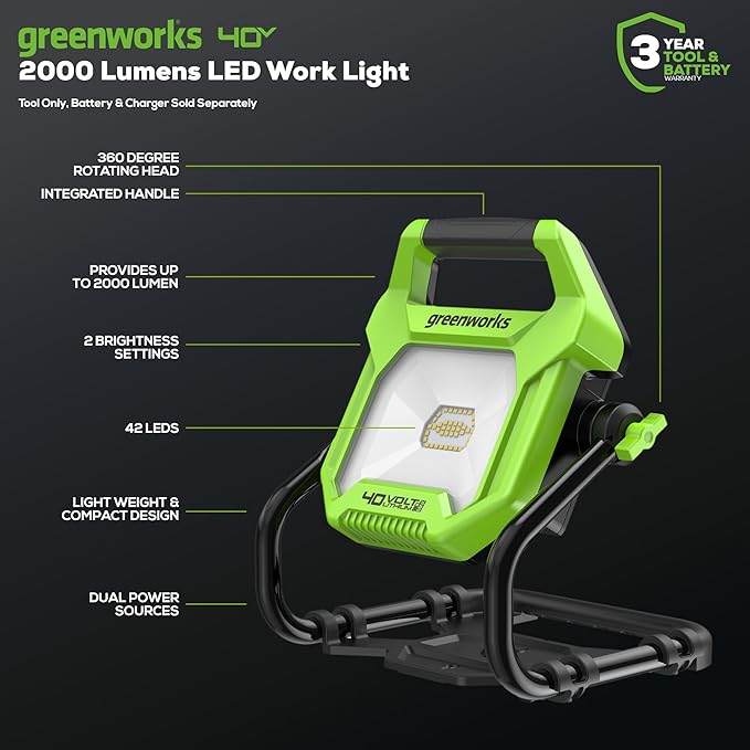 Greenworks 40V (AC/DC) 2000-Lumen LED Work Light, 360° Head Rotation, Tripod Mountable, Portable, Indoor/Outdoor Light, Flood Light, Tool-Only