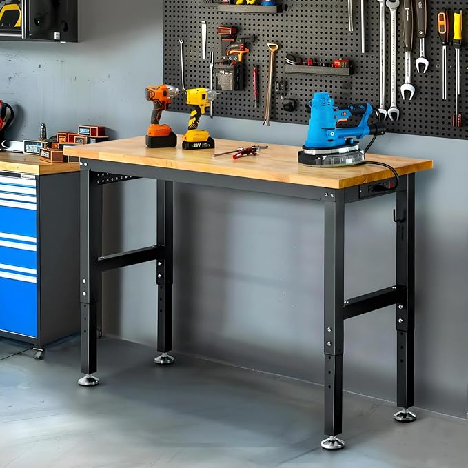 ENJOYWOOD Workbench with Pegboard 48 Inch Work Bench for Garage Adjustable Height Rubberwood Tabletop Garage Workbench with Power Outlet for Woodworking, Home, Office, Workshop