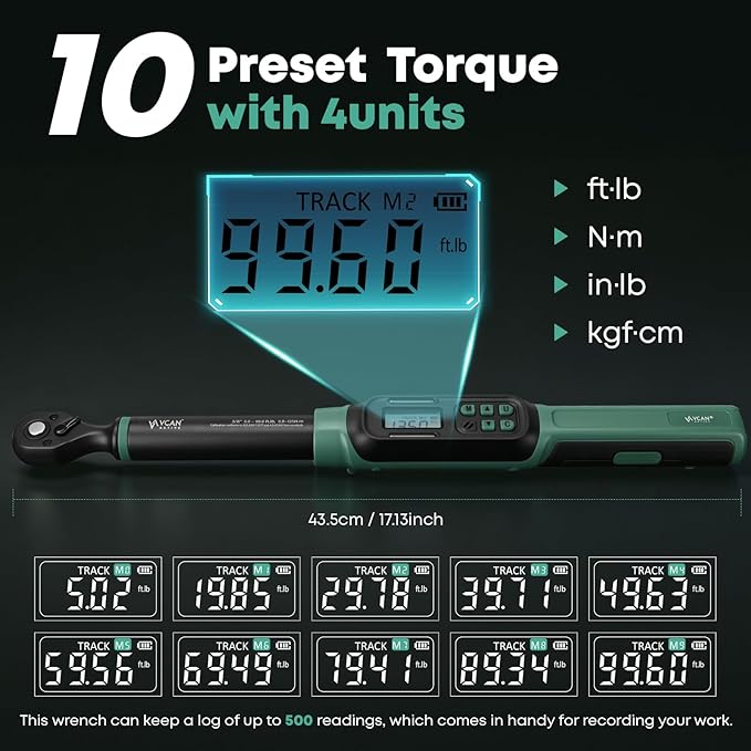 3/8 Torque Wrench Digital (5.02-99.6 Ft.Lb) ±1% Average test accuracy Digital Tire Torque Wrench 3/8 Drive|Digital Torque Wrench Set with Buzzer and Colorful LED Indicator&Track Mode for Moto Auto Car