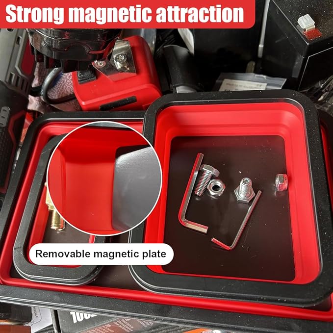 3PCS Collapsible Magnetic Parts Tray Set, Silicone Foldable Magnetic Tool Tray in 3 Different Size for Storage Organizer Screw Bolts Washers Nuts Pins & Other Small Metal Parts (Red)
