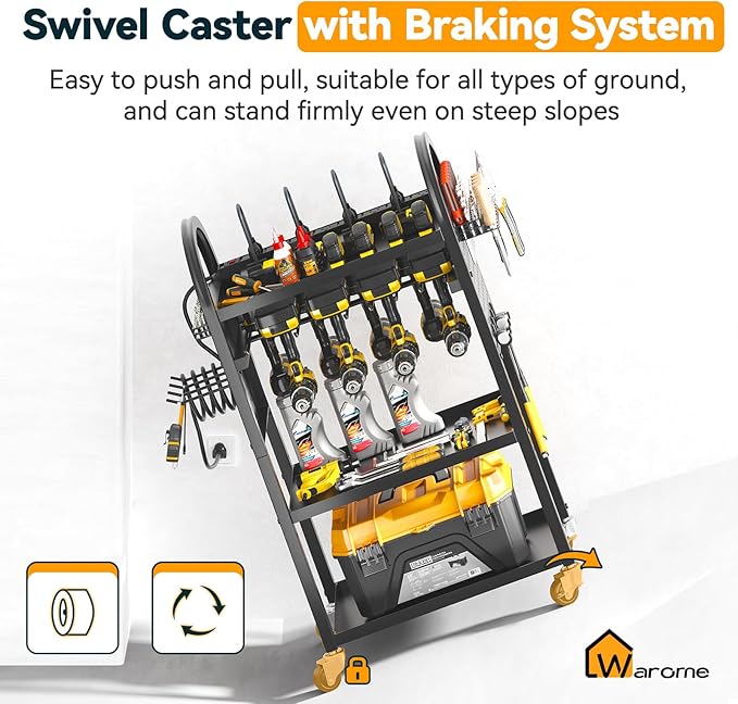 Warome Large Power Tool Organizer Cart with Charging Station, Rolling Utility Cart with 8-Outlet Movable Power Strip, Floor Standing Drill and Battery Holder,Tool Cart on Wheels for Garage Storage