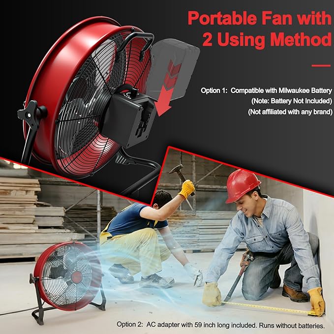 T-SUN 12" Battery Power Floor Fan Compatible with Mil-wau-kee Battery, Portable Fan with AC Adapter and USB Output, Stepless Speed Cordless Fan, Metal High Velocity for Jobsite Outdoor Camping