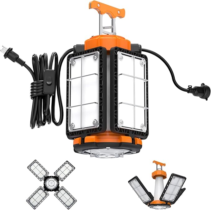 LED Temporary Work Light: 80W 12000LM Led Work Light with Brightness Adjustable Switch, 4 Deformable Panels Portable Construction Light, 5000K Linkable Hanging Work Lamp for Workshop Garage Jobsite