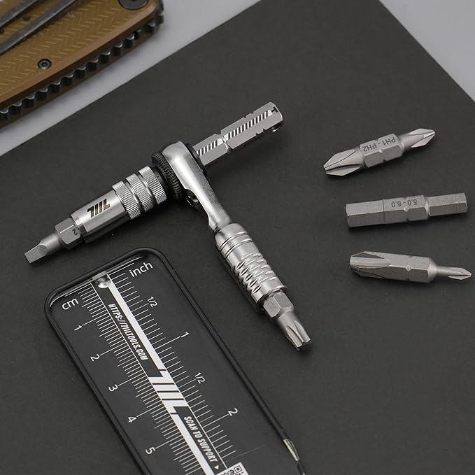 711L Mini Ratchet Wrench TG - One of the World's Smallest 1/4" EDC Ratchet Wrench For Tight Spaces - Stainless Steel - For Double-ended Bits