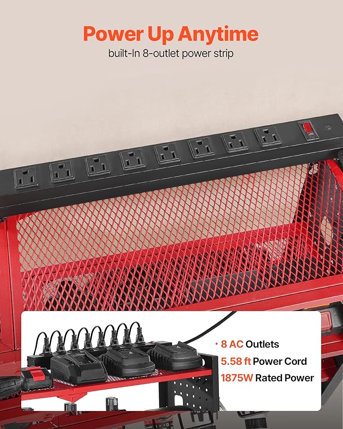VEVOR Power Tool Organizer with Charging Station, 4-Layer Drill Storage Rack with 8 Drill Holders & Side Pegboard, Garage Tool Organizer Built in 8 Outlet Power Strips for Garage, Workbench, Workshop