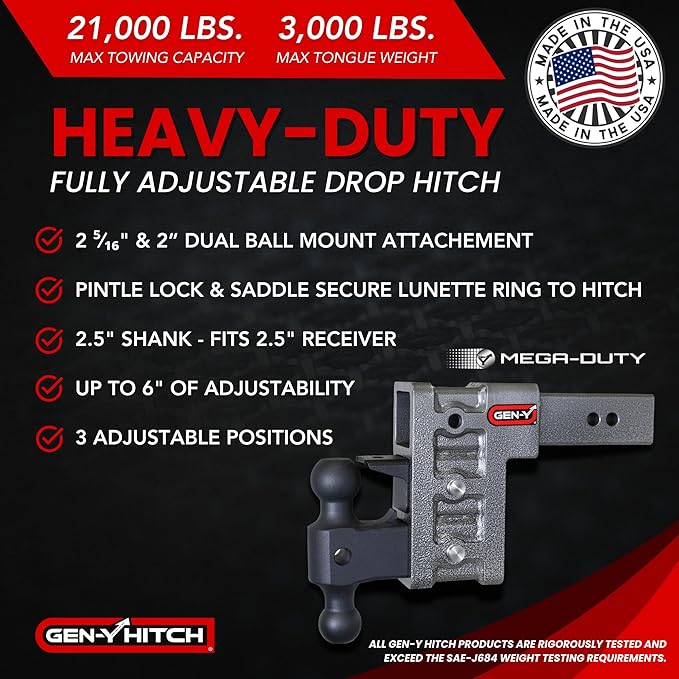 GEN-Y Hitch Tow Hitch for 2.5" Receiver - 6" Drop/Rise with 3 Adjustable Positions, Includes Dual Ball Mount, Pintle Lock and Locking Pins, 21,000 lbs Towing Capacity, 3,000 lbs Tongue Weight, Silver