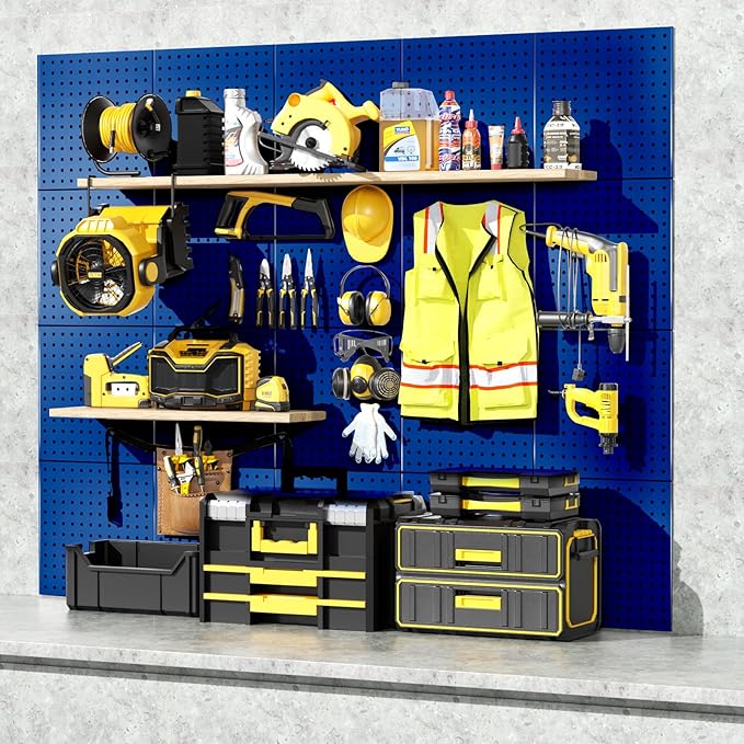 Peg Board, 6PCS Metal Pegboard, Heavy Duty Pegboard Wall Organizer with Frame. Pegboard for Walls, Garage, Workbench, Craft Room Tool Organization, Metal Pegboard Panels 12in*12in,Blue