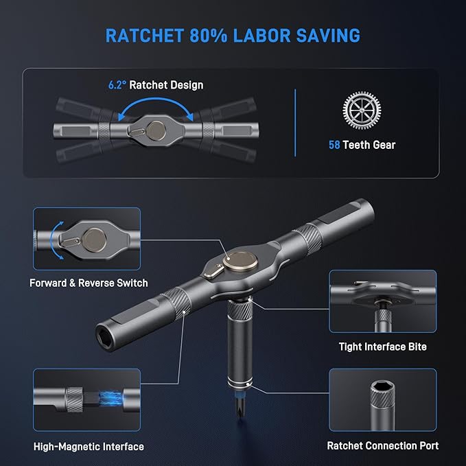 74 in 1 Magnetic Ratchet Screwdriver Set - T Handle Ratchet Screwdriver with S2 Steel Bits, Detachable Design & Storage Case, Precision Repair Tool Kit for Electronics, Furniture, Bicycle, Watch, DIY