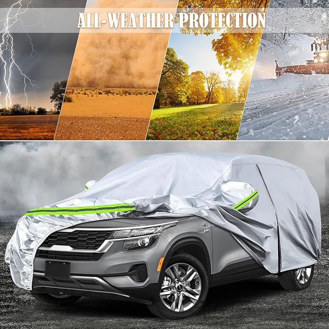 Waterproof Car Covers Replace for 2020-2025 Kia Seltos, 6 Layers Silver All Weather Car Cover with Zipper Door & Windproof Bands for Snow Rain Dust Hail Protection