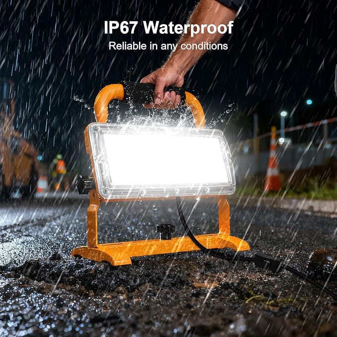 LED Work Light 6500LM 85-277v, 500W Equivalent Flood Light with 10FT Cord Switch, 5000K Work Lights with Stand, Portable LED Lights IP67 Waterproof for Job, Workshop, Construction